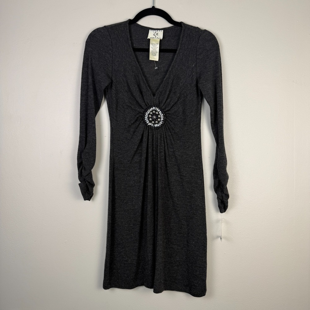 ICE Sheath Dress Women's XS Gray Rhinestone Bead‎ Embellished V-Neck Stretch Y2K